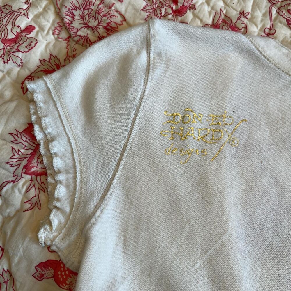 2000s Y2K Ed Hardy Gold Embroidered Tiger V neck long White and Cream cute top - Picture 6 of 6
